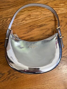 kate spade metallic silver crescent shoulder bag with  detachable shoulder strap